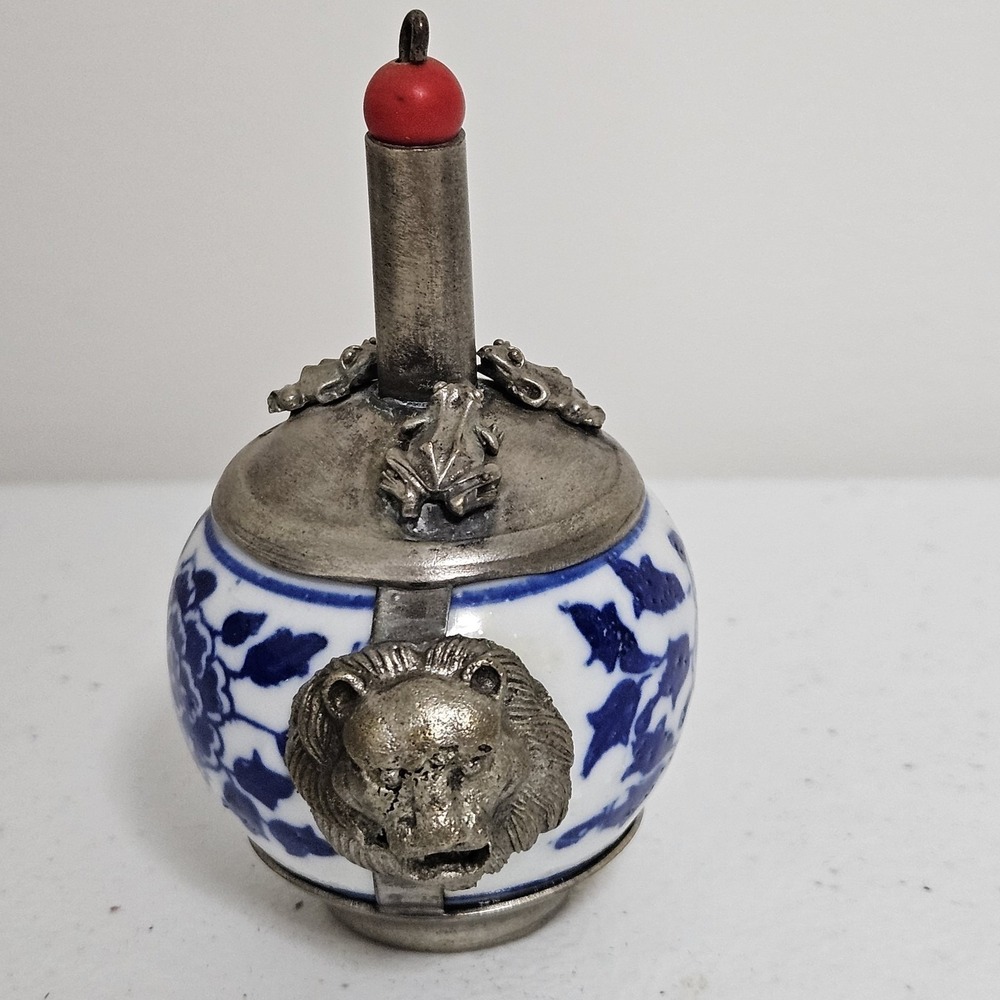 Antique 19th Century Chinese Tibetan Pewter Porcelain Snuff Bottle Blue White - Picture 4 of 11